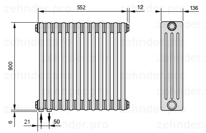 Схема (чертеж) Радиатор Zehnder Charleston 4090/12 №3370 Белый глянцевый RAL 9016